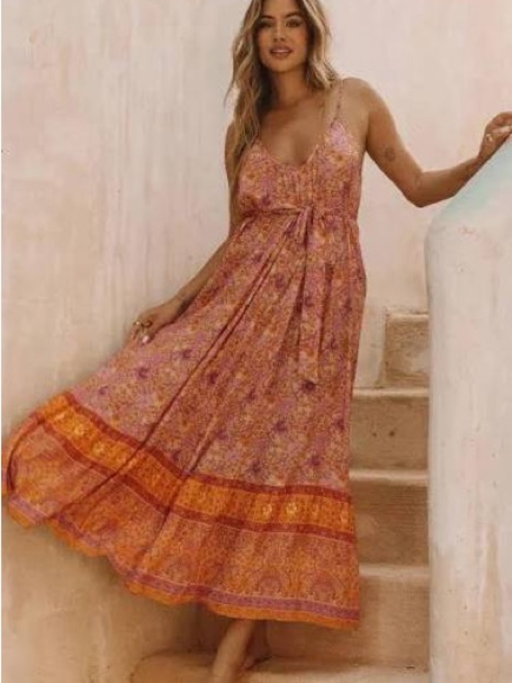 Spell Village Boho Floral Strappy Maxi Dress in Rust Pink - Sleeveless V-Neck
